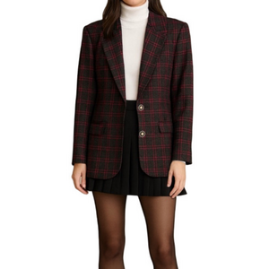 100% Wool Plaid Charcoal Braemar Petite Plaid Blazer Jacket Academia Corporate
